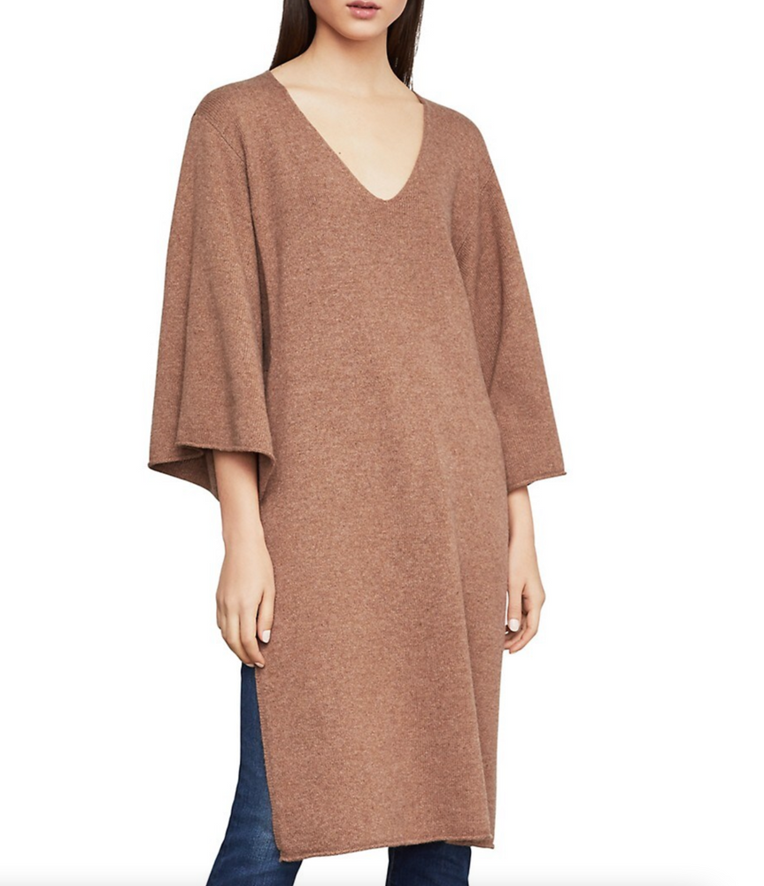 BCBGMAXAZRIA Flared Sleeve Tunic Merino Wool Sweater Dark Camel Size XS S $308