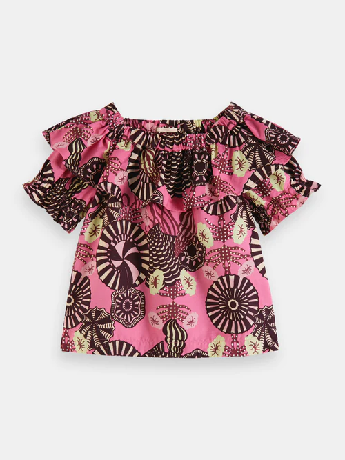 scotch & soda girls ruffled off-shoulder organic cotton top in pink size 4 years