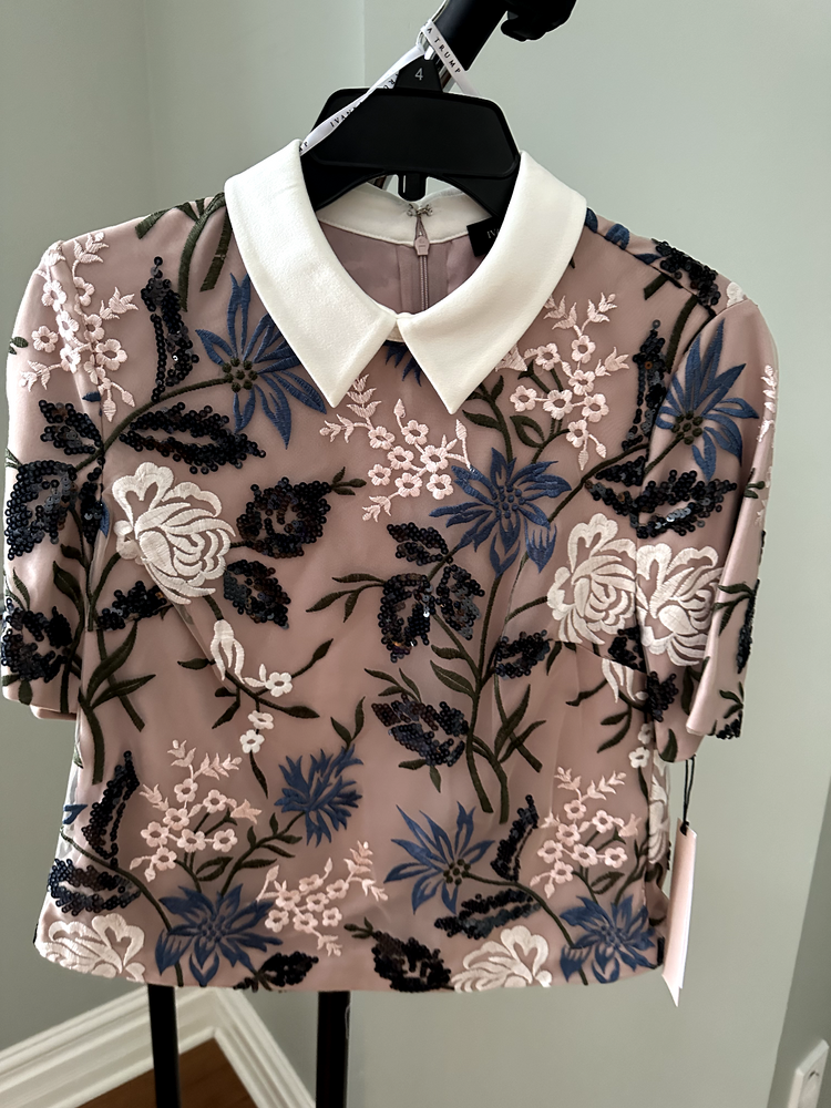 Ivanka Trump Women's Collared Sequin Blouse Dusty Rose Floral Embroidery Size 4