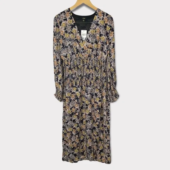 AFRM Hazel Floral Smocked Long Sleeve Midi Dress In Gold Bouquet Size XS $79