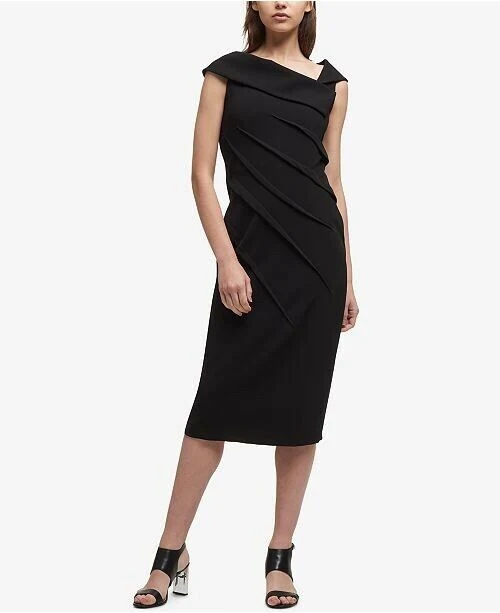 DKNY Asymmetrical-Collar Black Work Sheath Dress size 2 in black