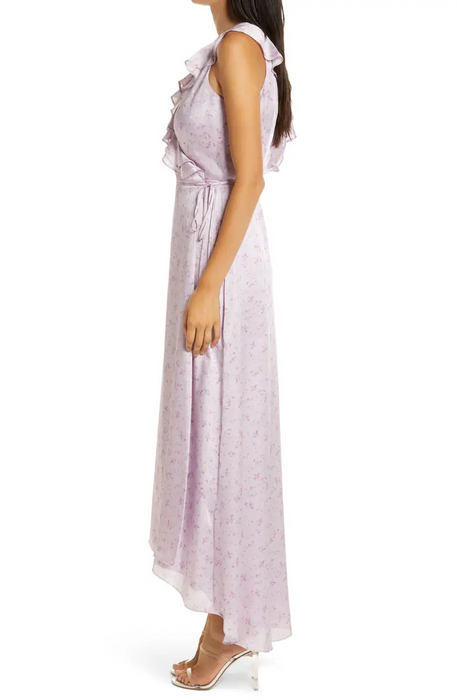 Wayf Sylvia Sleeveless Ruffle High/Low Wrap Dress In Lilac Wild Flowers XXL $148