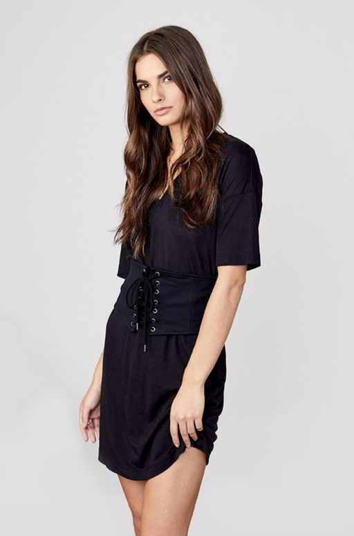 David Lerner V-Neck Corset Belted T-Shirt Dress In Black Size S