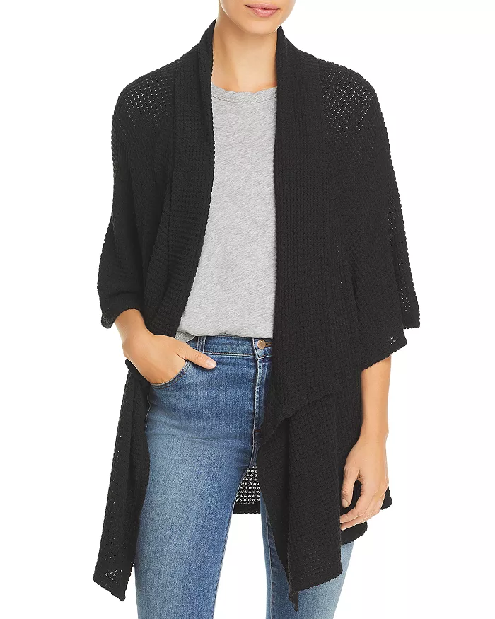 STATUS by CHENAULT Textured Cascade Front 3/4 sleeve Cardigan large in black $68