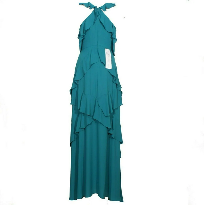 BCBGMAXAZRIA Green Georgette Ruffled Halter Sleeveless Gown dress size 0 $422
