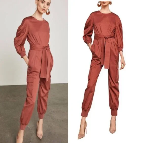 BCBGMAXAZRIA Pleated Cotton Jumpsuit Cargo Pockets Tandoori Spice Size XXS $348