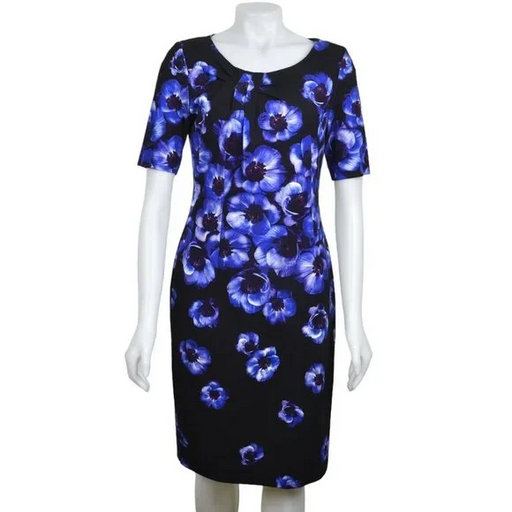 Precis Floral Dress Black Blue Short Sleeve Shift Size 12 Petite $239