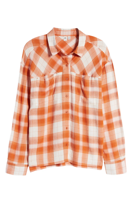 BP. Women's High/Low Bill Plaid Button-Up Shirt in Rust-Ivory Orange Size XS
