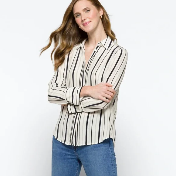 Club Monaco Long Sleeve Tonal Edge Striped Silk Shirt In Black/White Size L NWT