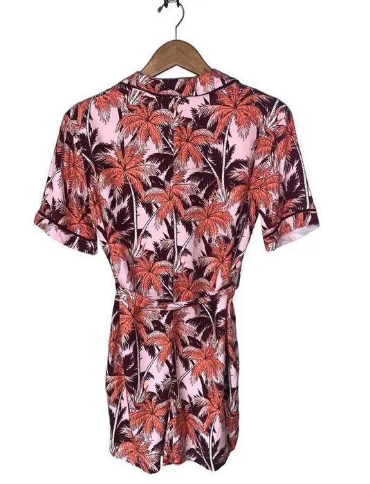 Topshop Women' Pink Tropical Bowling Romper Short Sleeve V Neck Tie size 6 $69