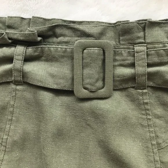 NEW BP Belted Linen Blend Paper Bag Waist Mini Skirt in olive size XS