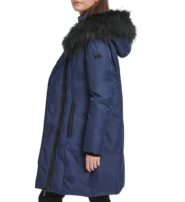 DKNY Women's Faux Fur Trim Puffer Jacket In Navy Size S $350