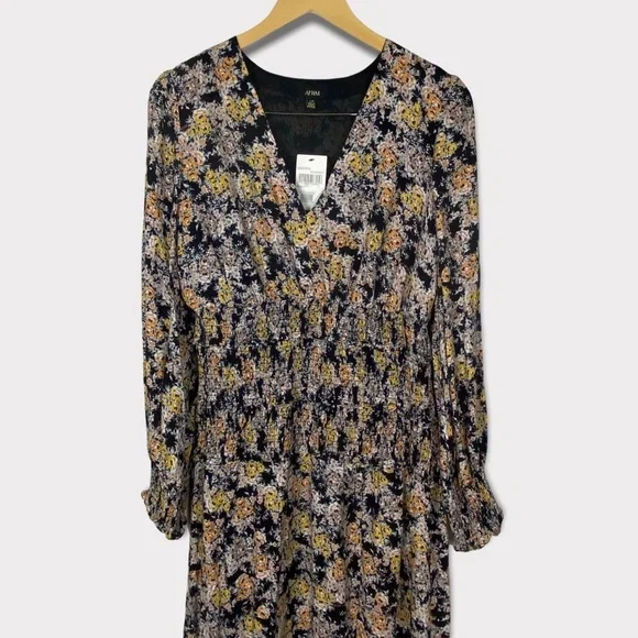 AFRM Hazel Floral Smocked Long Sleeve Midi Dress In Gold Bouquet Size XS $79