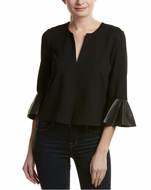 BCBGMAXAZRIA Valari Knit Top Faux Leather Ruffle Sleeve In Black Size M $190