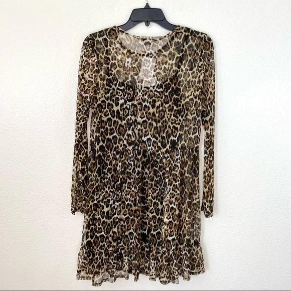 WAYF Tiered Mesh Skater Dress Leopard Print Size S  brown