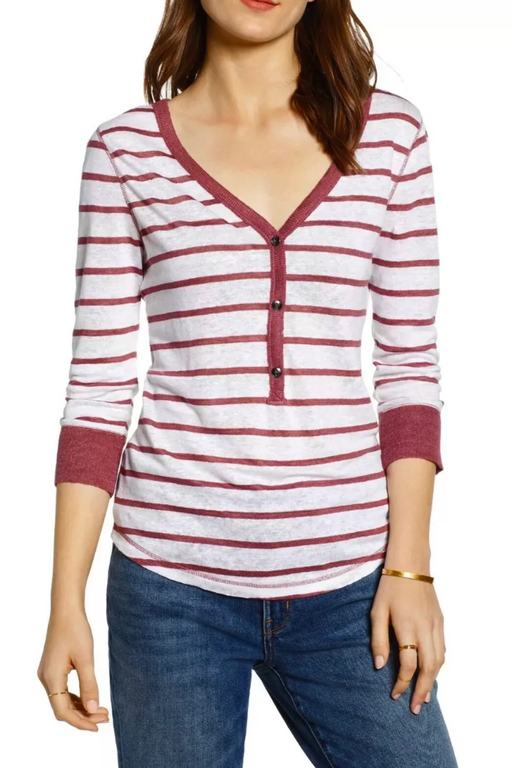 Treasure & Bond women’s 3/4 sleeve white rust striped linen henley top size XL