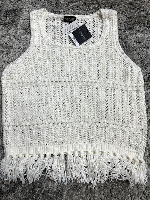 Topshop White Stretch Crochet Knit Boho W/Fringe Tank sleeveles Top Cami Size 12