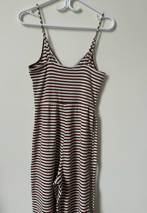 Topshop Strappy Stripe Jumpsuit belted in brown  Size 8 fits smaller