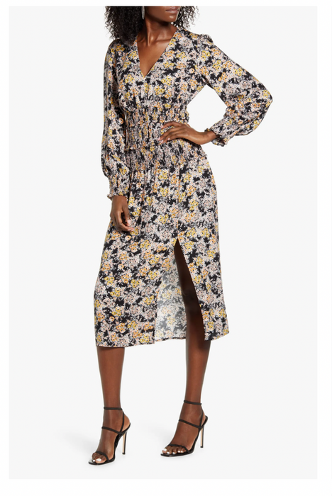 AFRM Hazel Floral Smocked Long Sleeve Midi Dress In Gold Bouquet Size XS $79