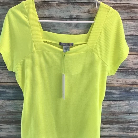 Good Luck Gem Women's Ribbed Square Neck Tee Shirt In Neon Yellow Size M