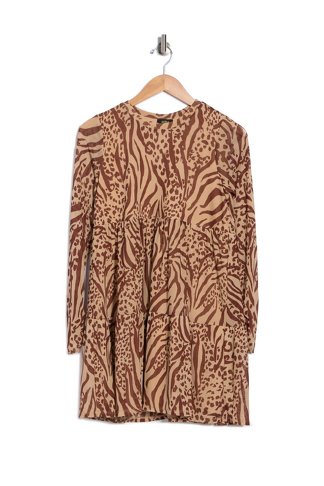 AFRM Bell Long Sleeve Babydoll Dress In Brown Multi Animal Size XS