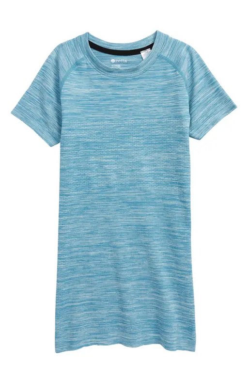 Zella Kids Space Dye Seamless T-Shirt Teal Dolphin Melange 280536, Size S 7-8
