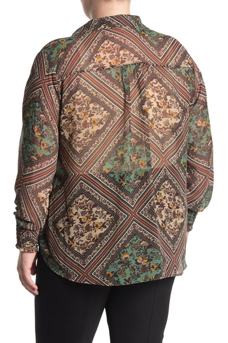 NEW Pleione Blouse Split Neck Smocked Long Sleeve Floral Dusty Mint Patch 2X