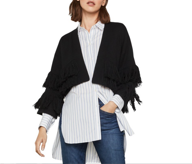 BCBGMAXAZRIA Women's Fringe Trimmed Open Cropped Cardigan In Black Size M $260