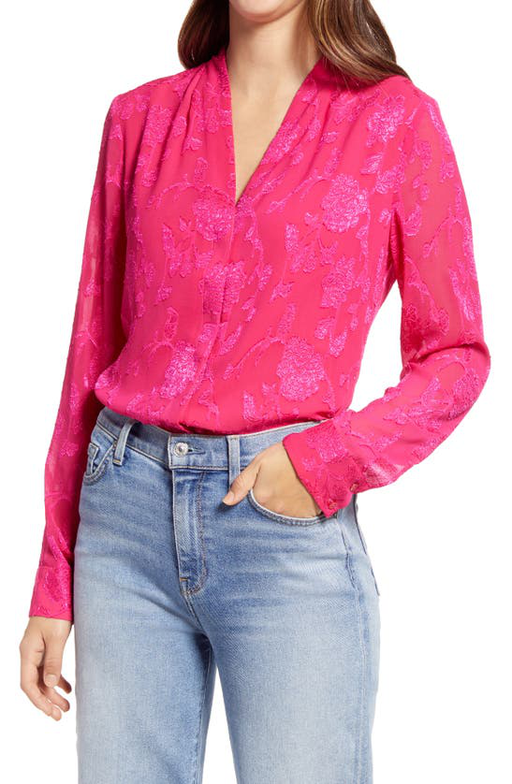 Halogen Floral Jacquard Long Sleeve Blouse In Electric Pink Size XS