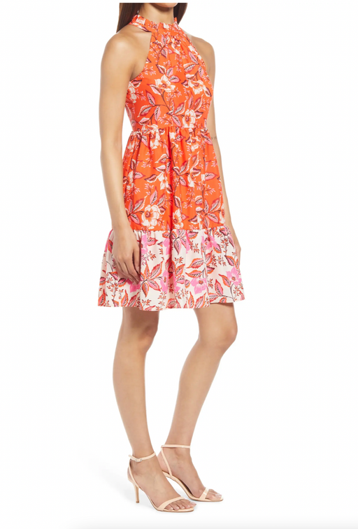 Eliza J Floral High Neck Fit & Flare Dress In Orange Size 4