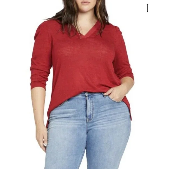 New Sanctuary Size 3X Hanna Pleat Sleeve Top Tartan Red Holiday V-neck Light