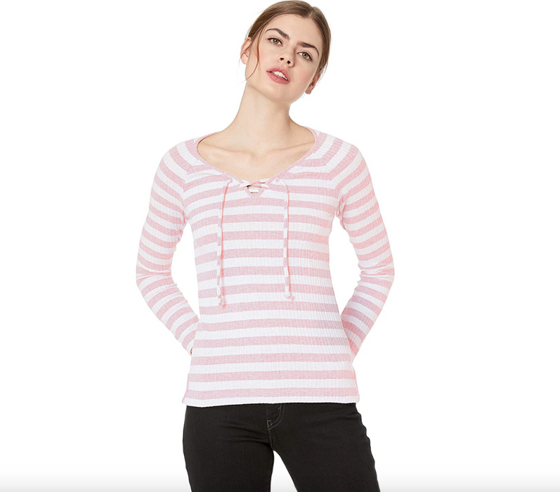 Lucky Brand Women's Lace Up Henley Top In Pink White Stripe Size M