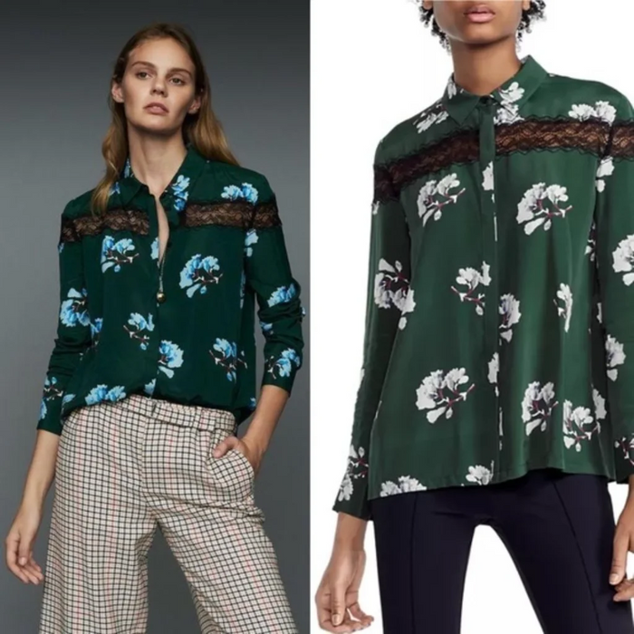 Maje Ciloise Lace Inset Silk Blend Button Blouse Green Floral Print Size 4 $300