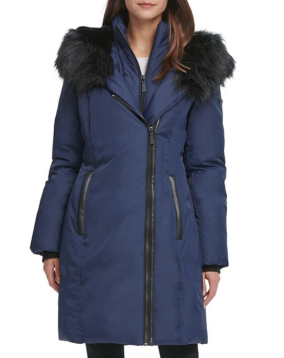 DKNY Women's Faux Fur Trim Puffer Jacket In Navy Size S $350