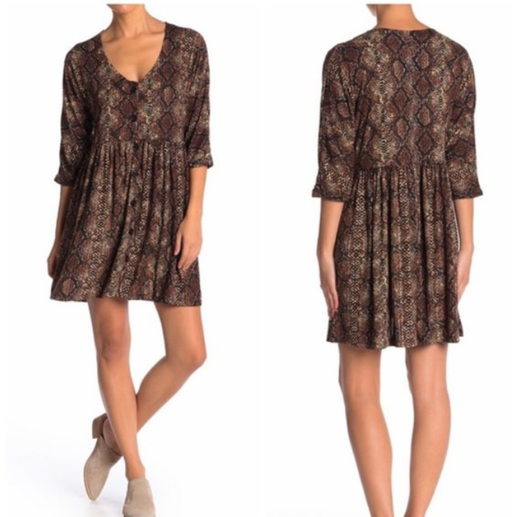 Cotton Emporium Women's Snake Print Elbow Sleeve Dress Size XL made in USA brown