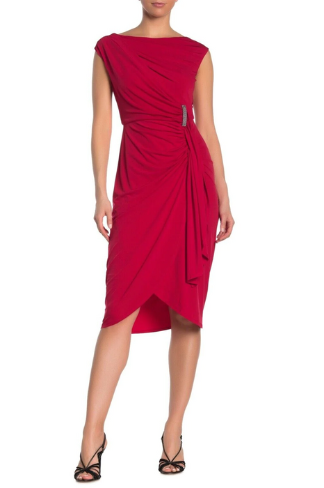 London Times Stretch Shirred Ruched Rhinestone Brooch Dress Cranberry Red Size 2