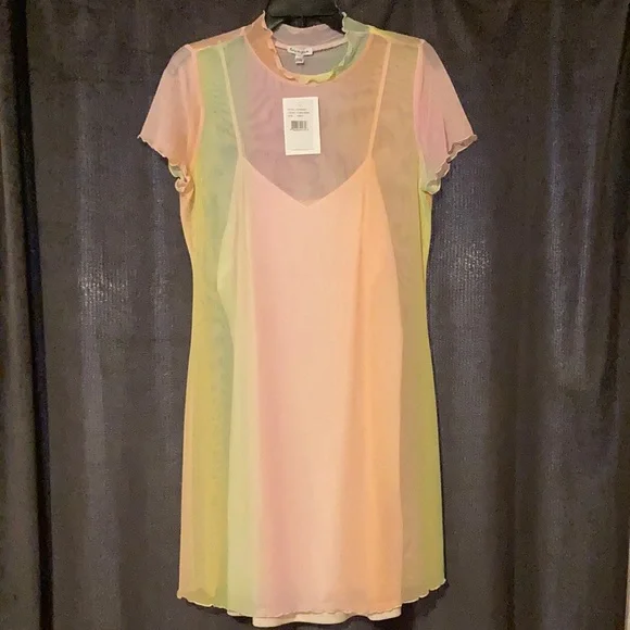 Love, Fire Junior Rainbow Mesh Short Sleeve Minidress In Rainbow Colour Size S