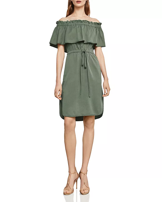 BCBGMAXAZRIA Evangelie Off The Shoulder Dress In Dusty Olive Size S $296