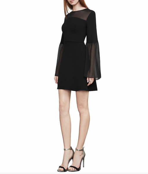 BCBGMAXAZRIA Women's Finley Sheer Detail Bell Sleeve Silk Dress Black SZ M $322