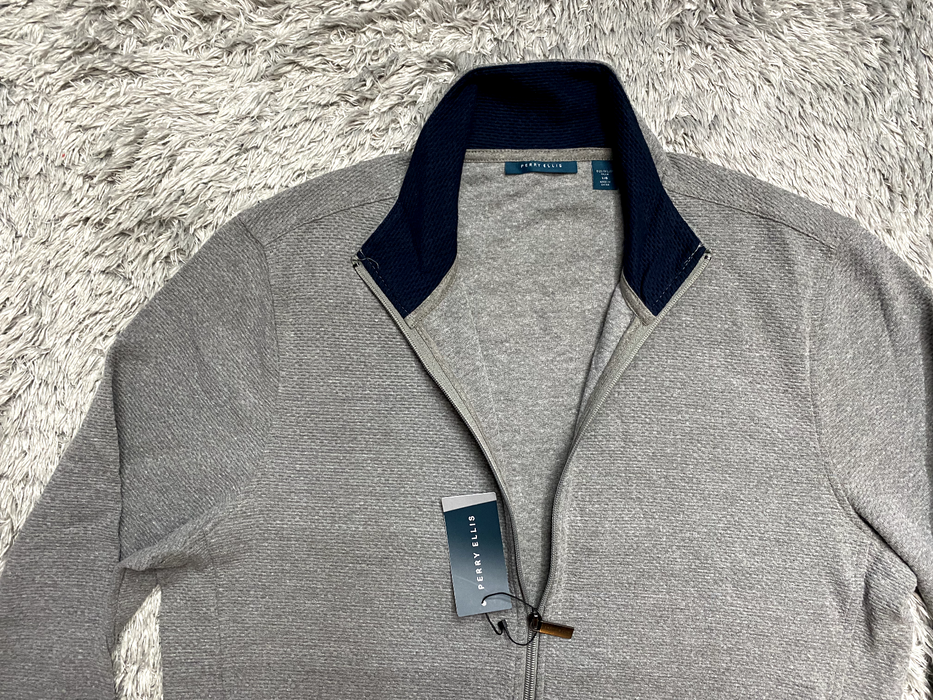 Perry Ellis men Mesh  Rib-Knit zip cardigan in grey Size L