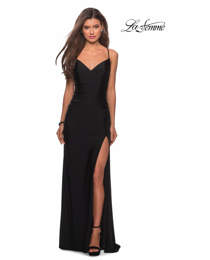 La Femme Cross Back Satin Jersey Trumpet Gown  28206 Black Size 6 $239