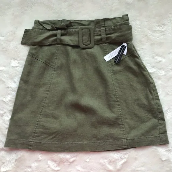 NEW BP Belted Linen Blend Paper Bag Waist Mini Skirt in olive size XS