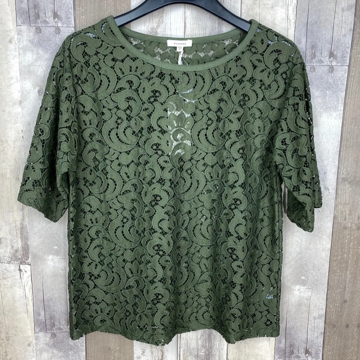 Pleione Womens OLIVE Lace Scoop Neck Top Short Sleeve size S