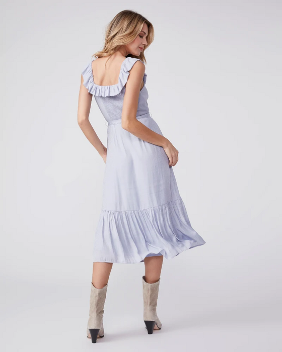 PAIGE Women's Kiara Sweetheart Side Slit ruffle Dress size L in blue