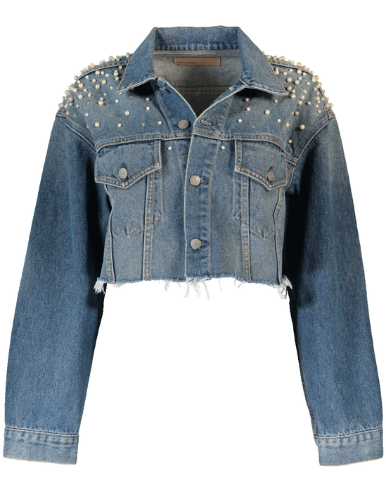 Grlfrnd Eve Cosmic Ray Pearl Embellished Denim Trucker Jacket $460 size M