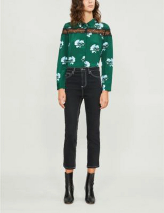 Maje Ciloise Lace Inset Silk Blend Button Blouse Green Floral Print Size 4 $300