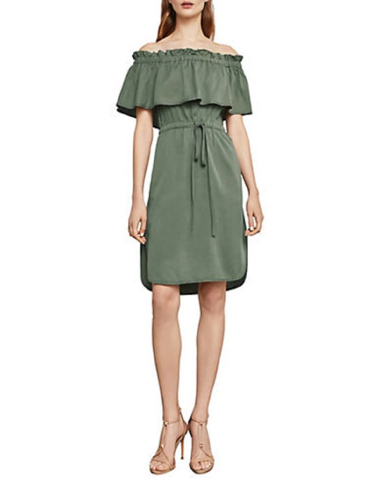 BCBGMAXAZRIA Evangelie Off The Shoulder Dress In Dusty Olive Size S $296