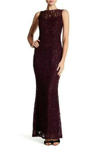 MARINA Navy Blue Sequin Lace V-Neck & Back 3/4 Illusion Sheer Sleeve Gown 12