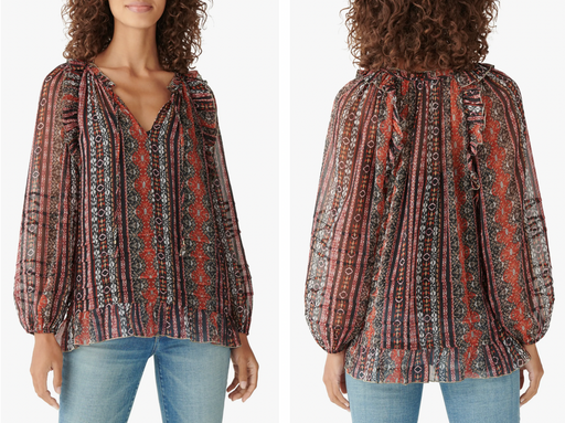 LUCKY BRAND Long Sleeve Chiffon Peasant Top In Black Multi Size M