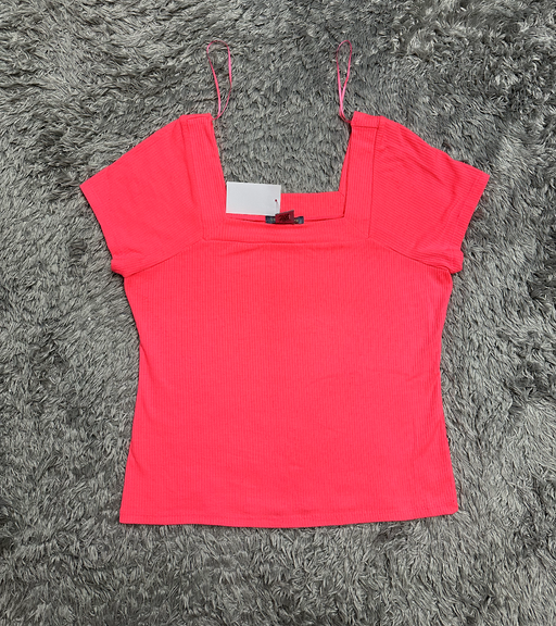 Good Luck Gem Women's T-Shirt Ribbed Square Neck Tee Shirt Neon Pink Size L